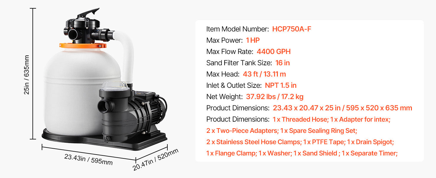 SucceBuy 12/14/16in FlashPure Sand Filter Pump with Timer for Above Ground Pool 0.5/0.75/1 HP 3000/3500/4400 GPH Media Installed