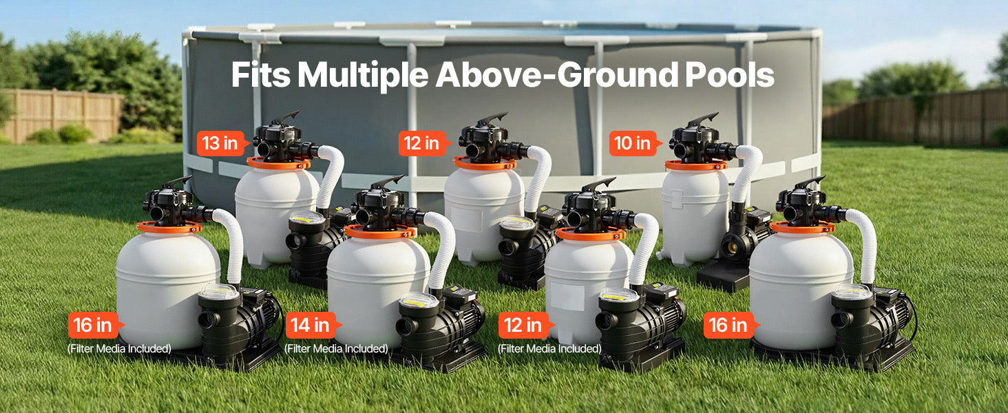 SucceBuy 12/14/16in FlashPure Sand Filter Pump with Timer for Above Ground Pool 0.5/0.75/1 HP 3000/3500/4400 GPH Media Installed