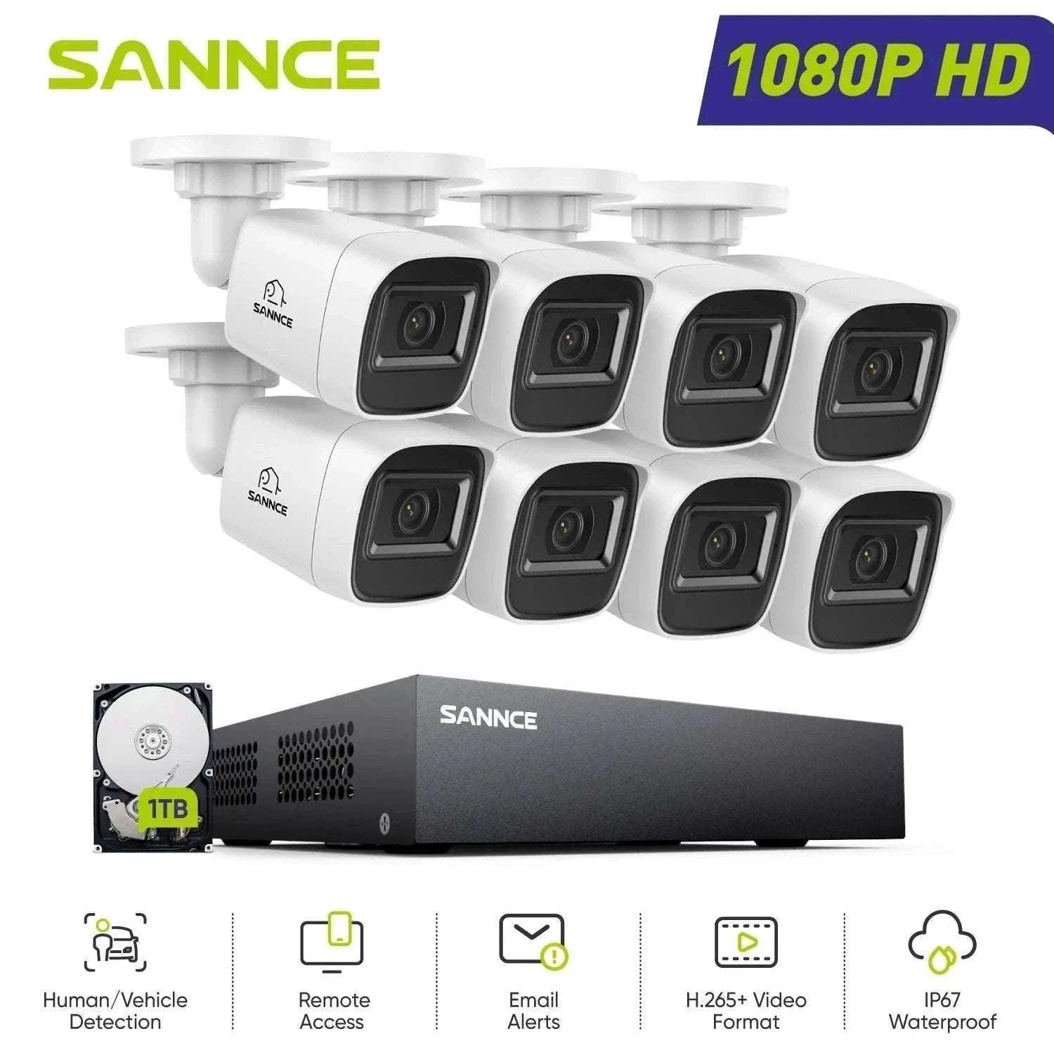 SANNCE 8CH 1080P Security Camera System with Night Vision-8pcs cam / 2T / United Kingdom
