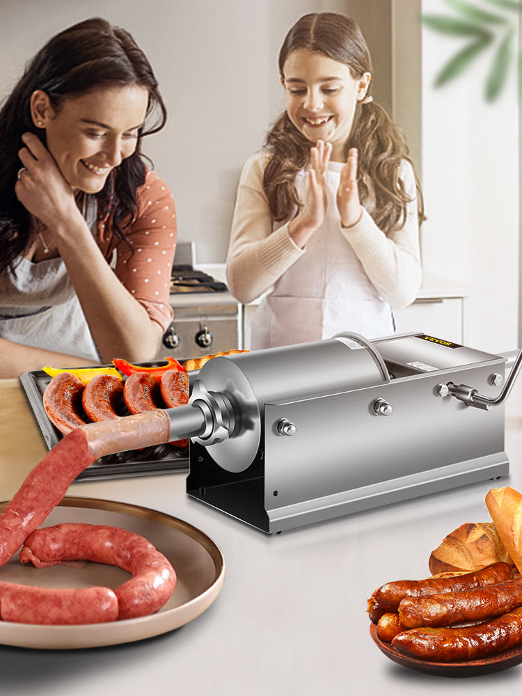 SucceBuy 3L Horizontaler Wurstfüller Manuelle Wurstmaschine aus Edelstahl mit 5 Füllaufsätzen für den Heim- und Gewerbebereich
