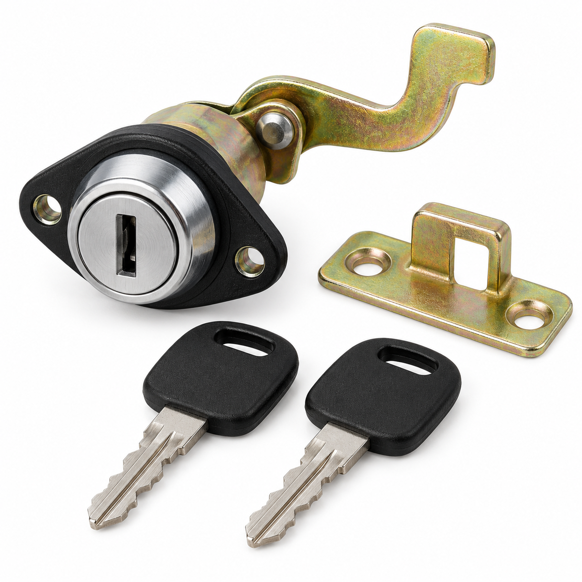 Scooter trunk lock assembly with two keys on white background