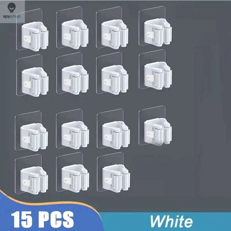 Self-adhesive Mop Holder – Wall-Mounted Organizer for Mops, Brooms & Tools-15pcs- White