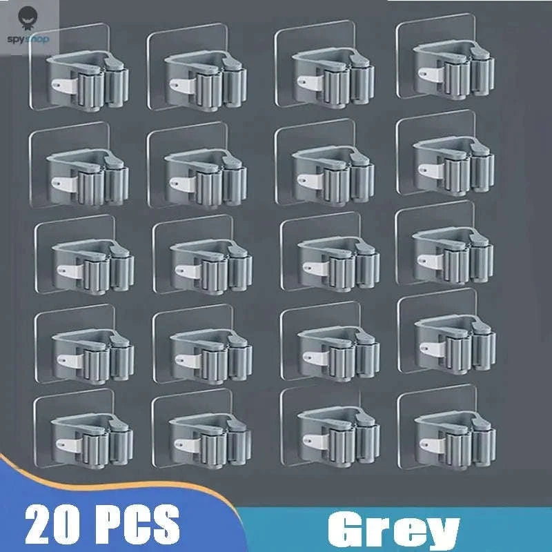 Self-adhesive Mop Holder – Wall-Mounted Organizer for Mops, Brooms & Tools-15pcs- White