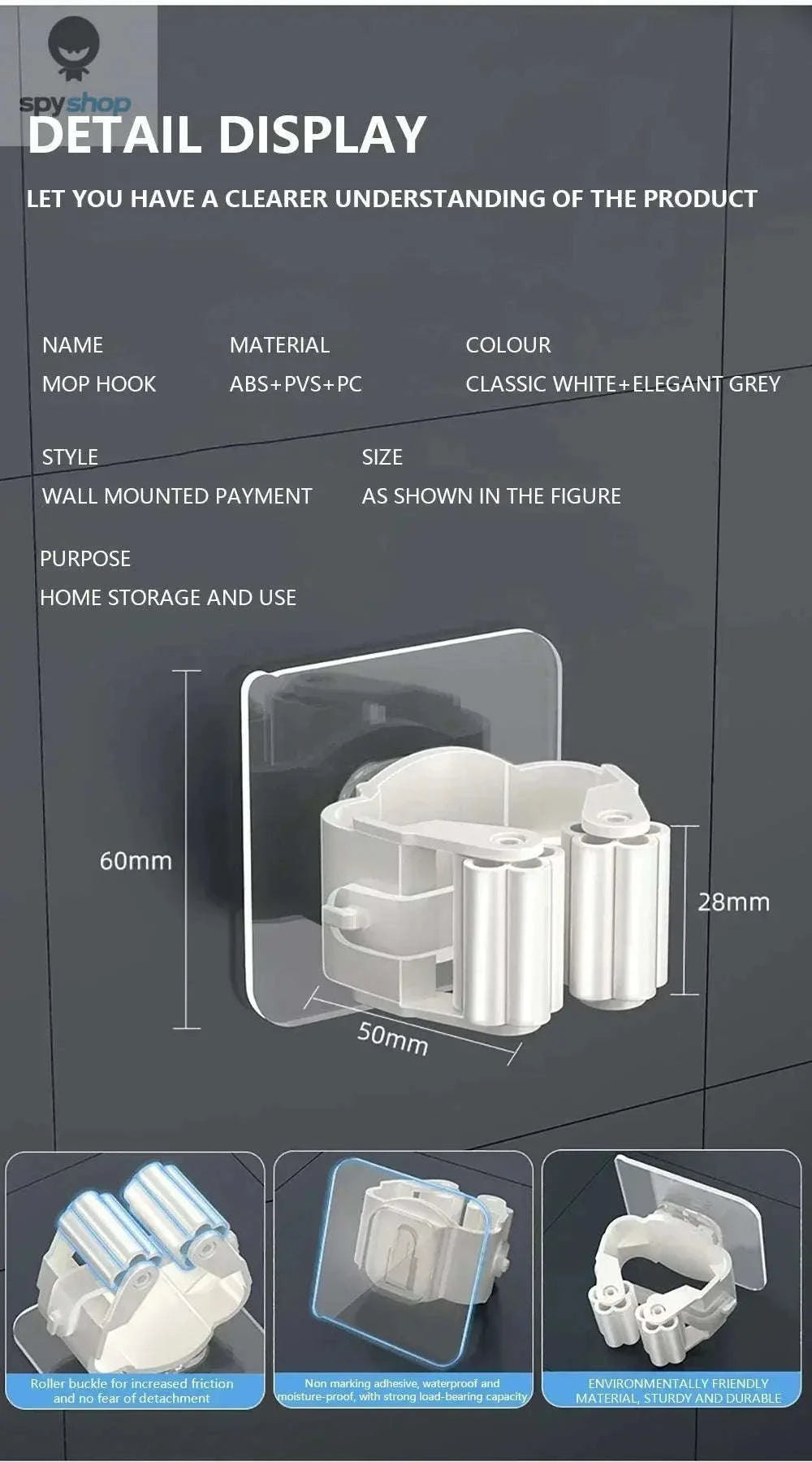 Self-adhesive Mop Holder – Wall-Mounted Organizer for Mops, Brooms & Tools-15pcs- White