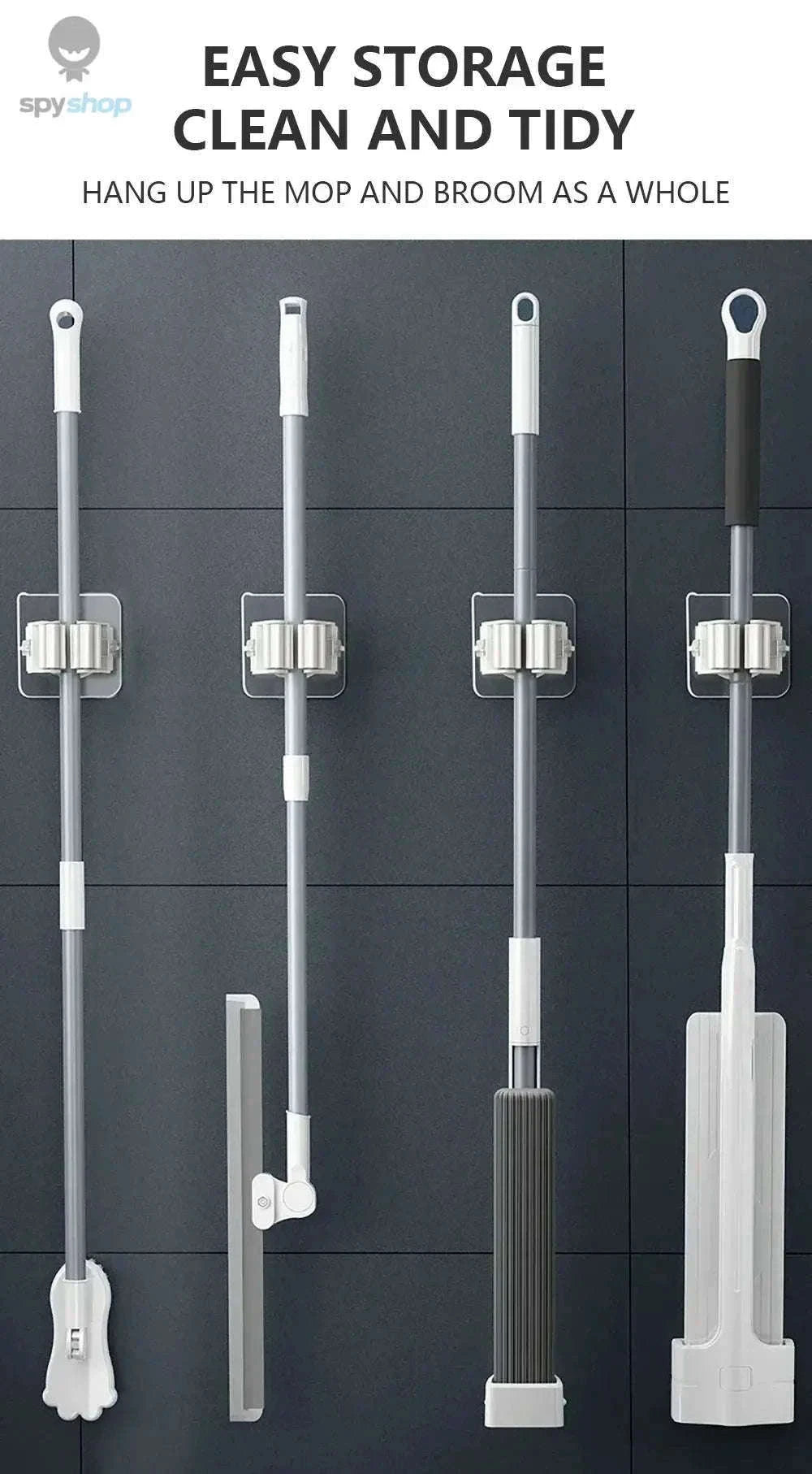 Self-Adhesive Mop Holder Wall-Mounted Organizer for Tools-15pcs- White