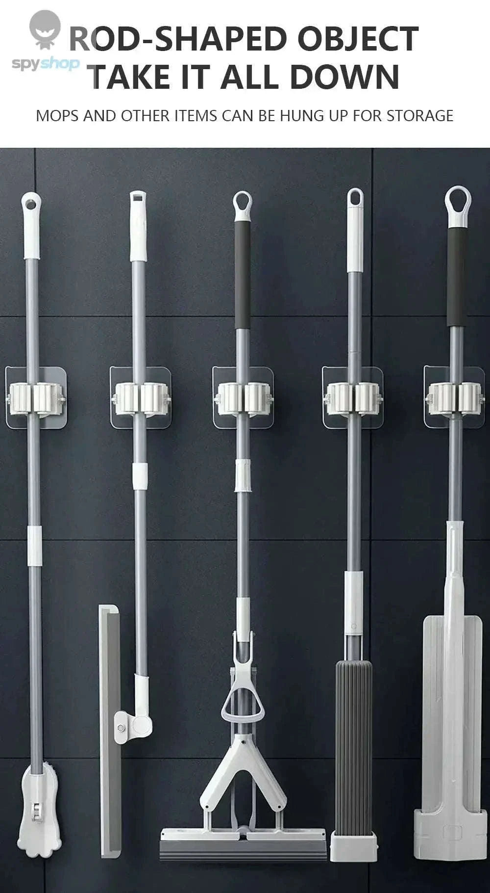 Self-Adhesive Mop Holder Wall-Mounted Organizer for Tools-15pcs- White