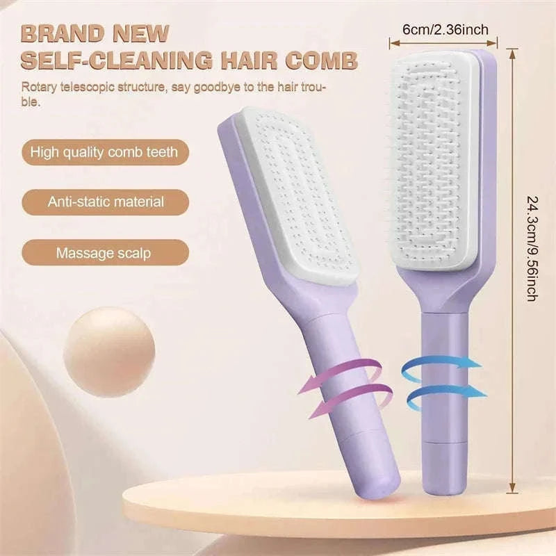 Self-Cleaning Rotating Hairbrush for Easier Detangling-Purple