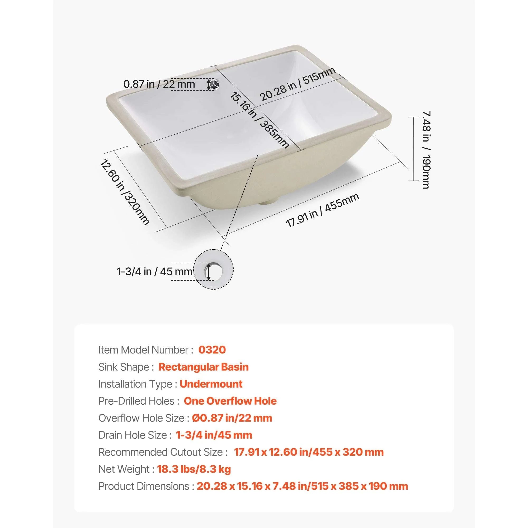 Semi Recessed Ceramic Bathroom Sink with Overflow and 3 Holes-16x20inch / United States