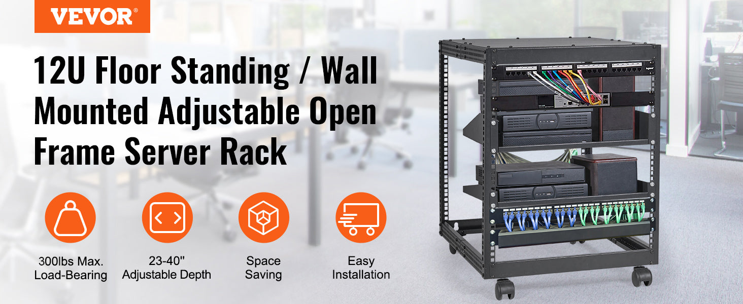 Rack server a telaio aperto VEVOR 12U/15U/20U da pavimento o da parete con profondità regolabile per uso ufficio microdata center