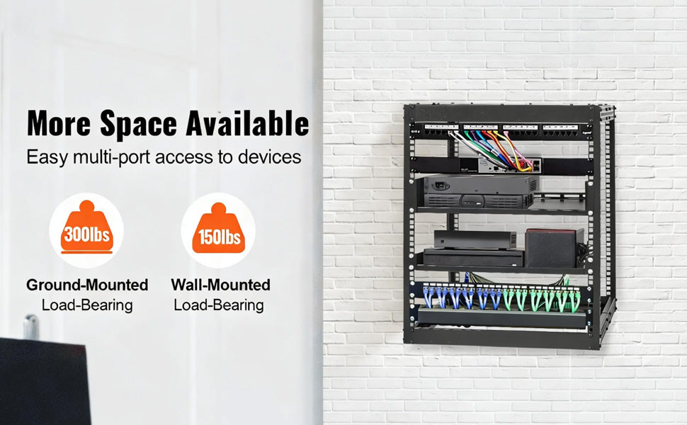 12U Open Frame Server Rack Adjustable Depth Floor or Wall Mount