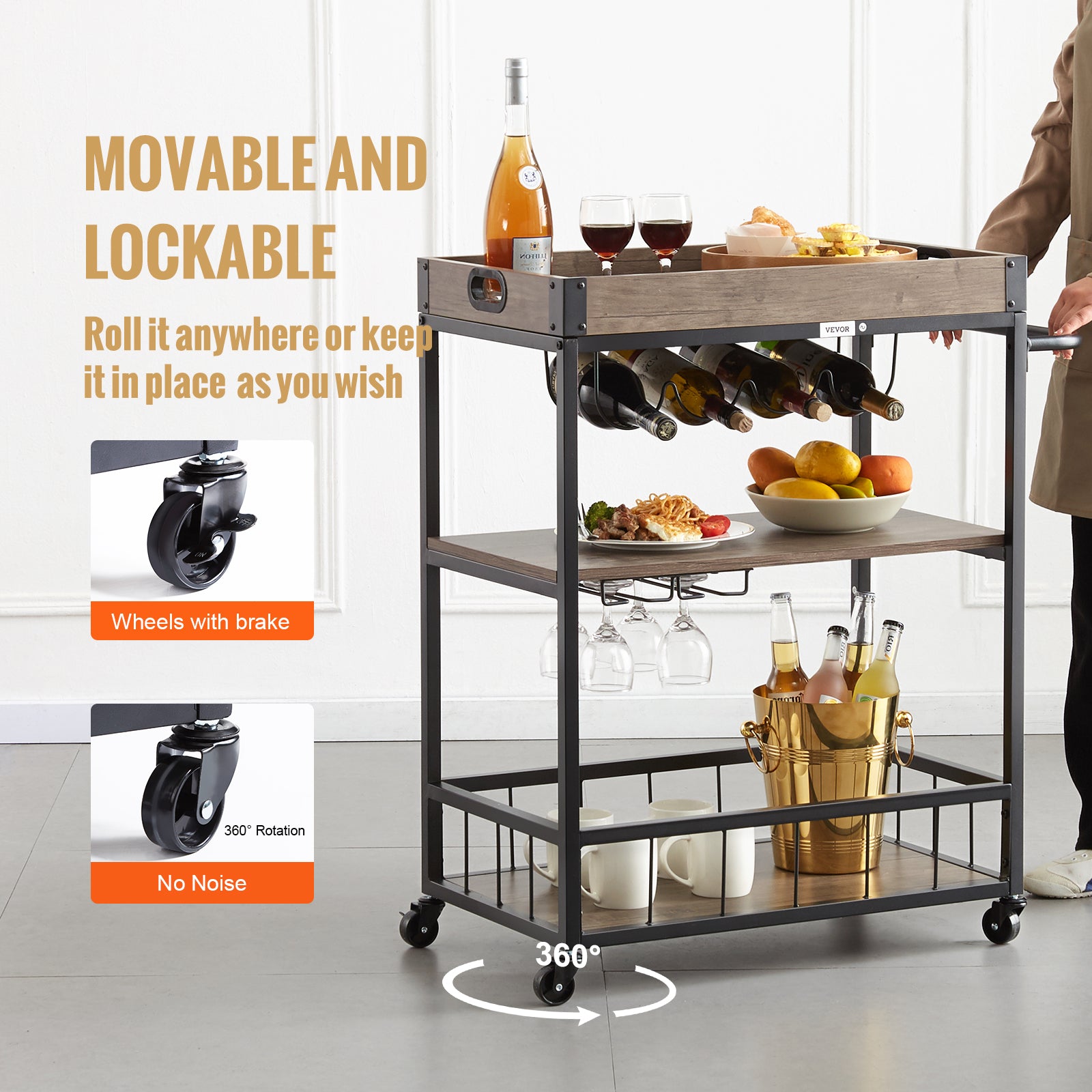 3-niveau rullebarvogn med vinreol og glasholder