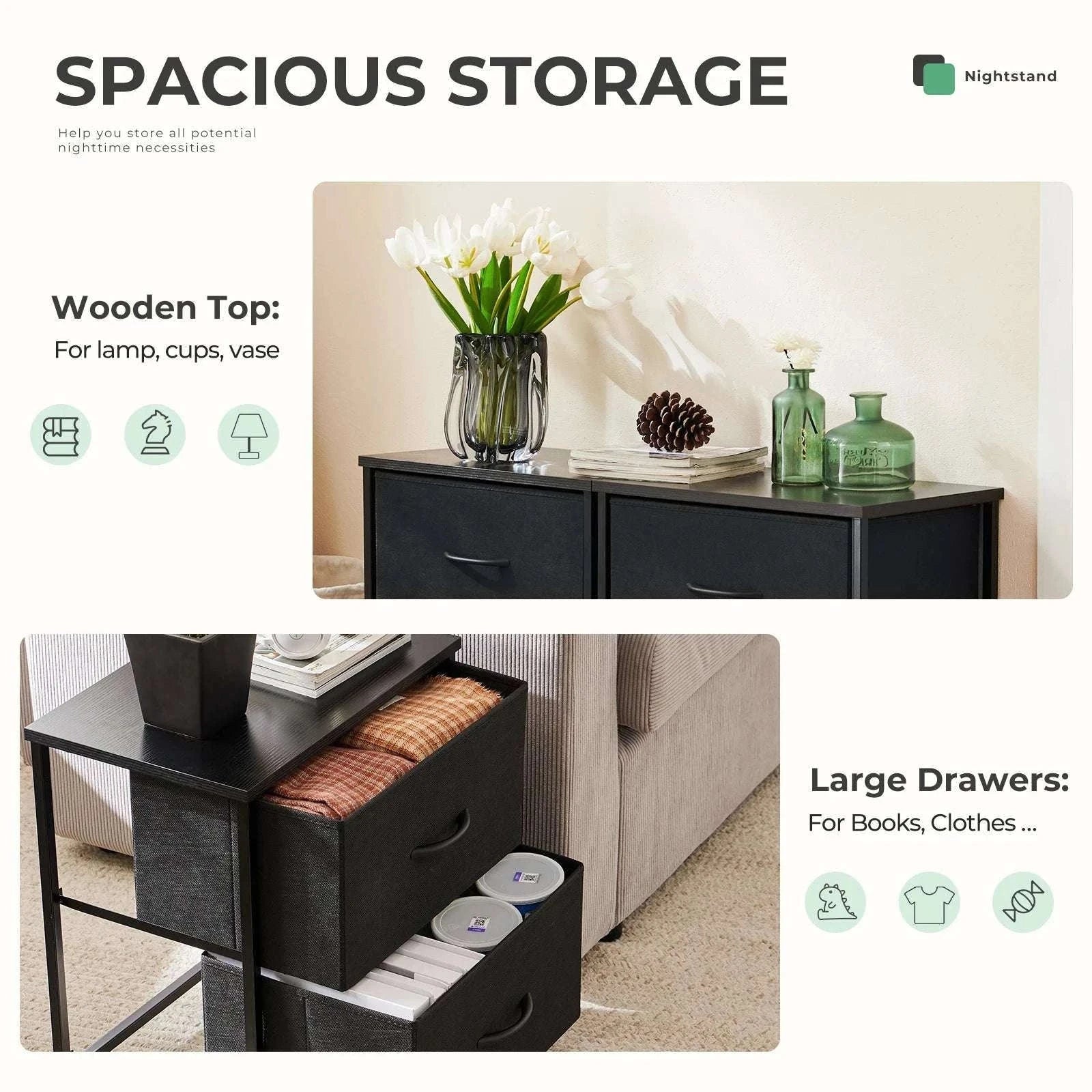 Set of 2 Fabric Drawer Nightstands with Storage and Metal Frame-1 Pack Black / GERMANY