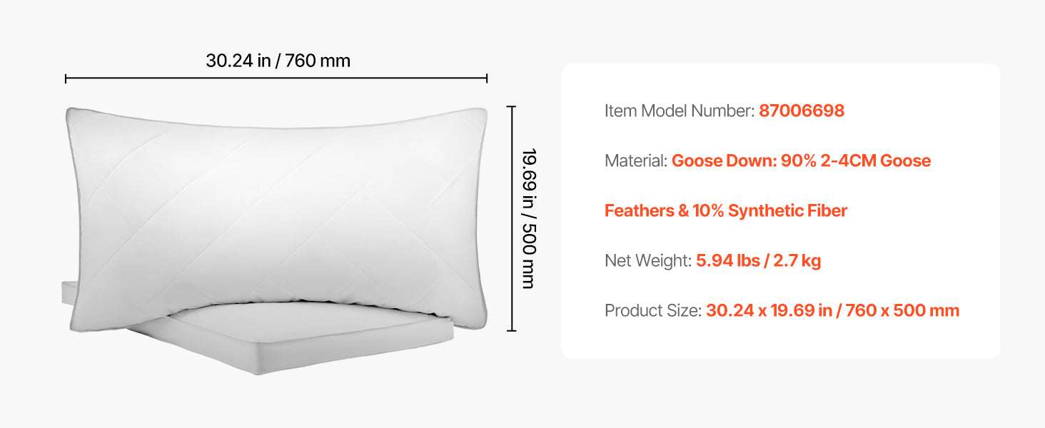 Set of 2 Goose Down Bed Pillows – Fluffy Neck Support for Deep Sleep-