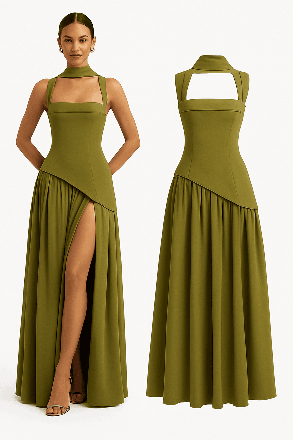 Sexy High Slit Midi Dress with Strapless A-Line Silhouette-S / 25100 dark green
