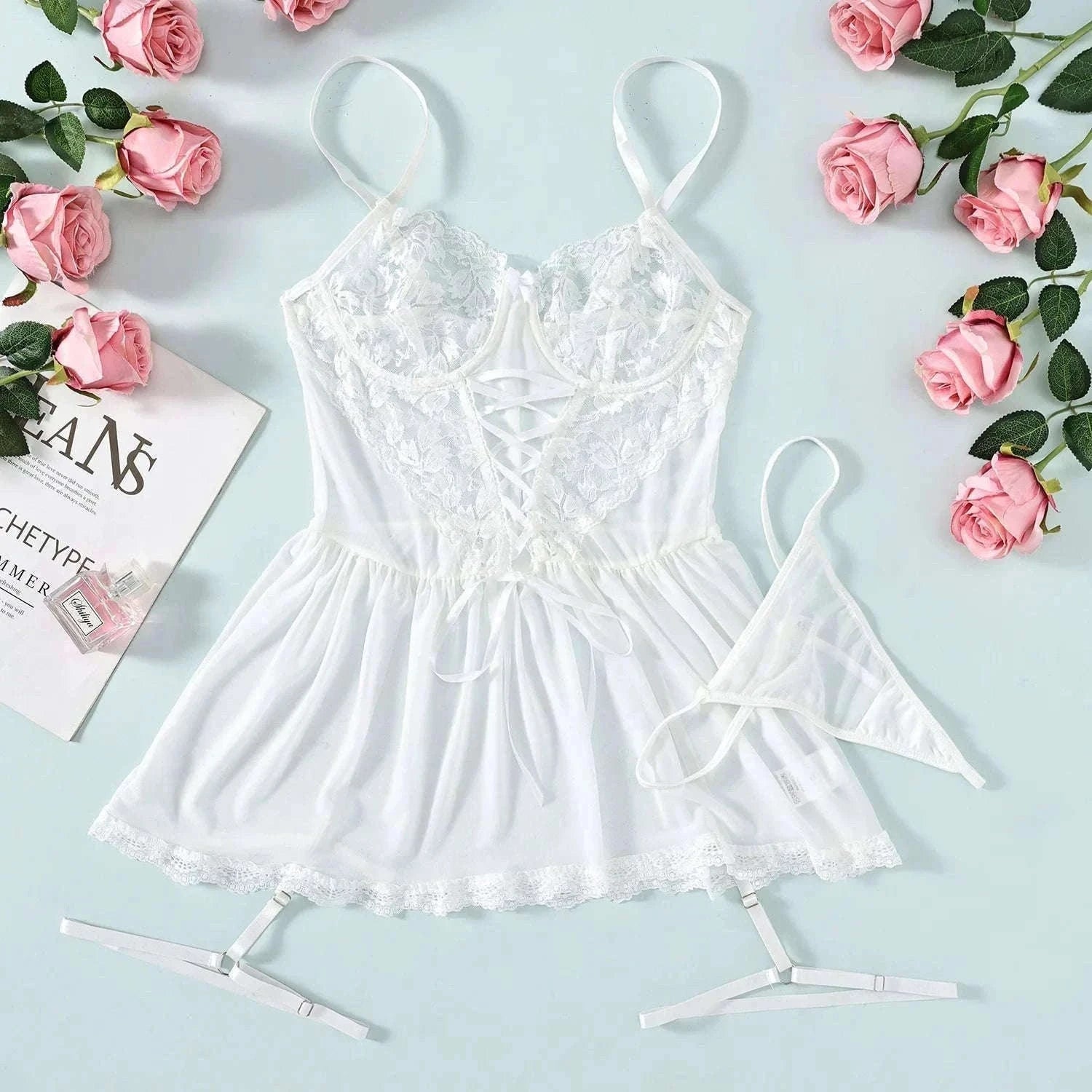 Sexy Lace Lingerie Set with Underwire and Garter Belt-Blue / M