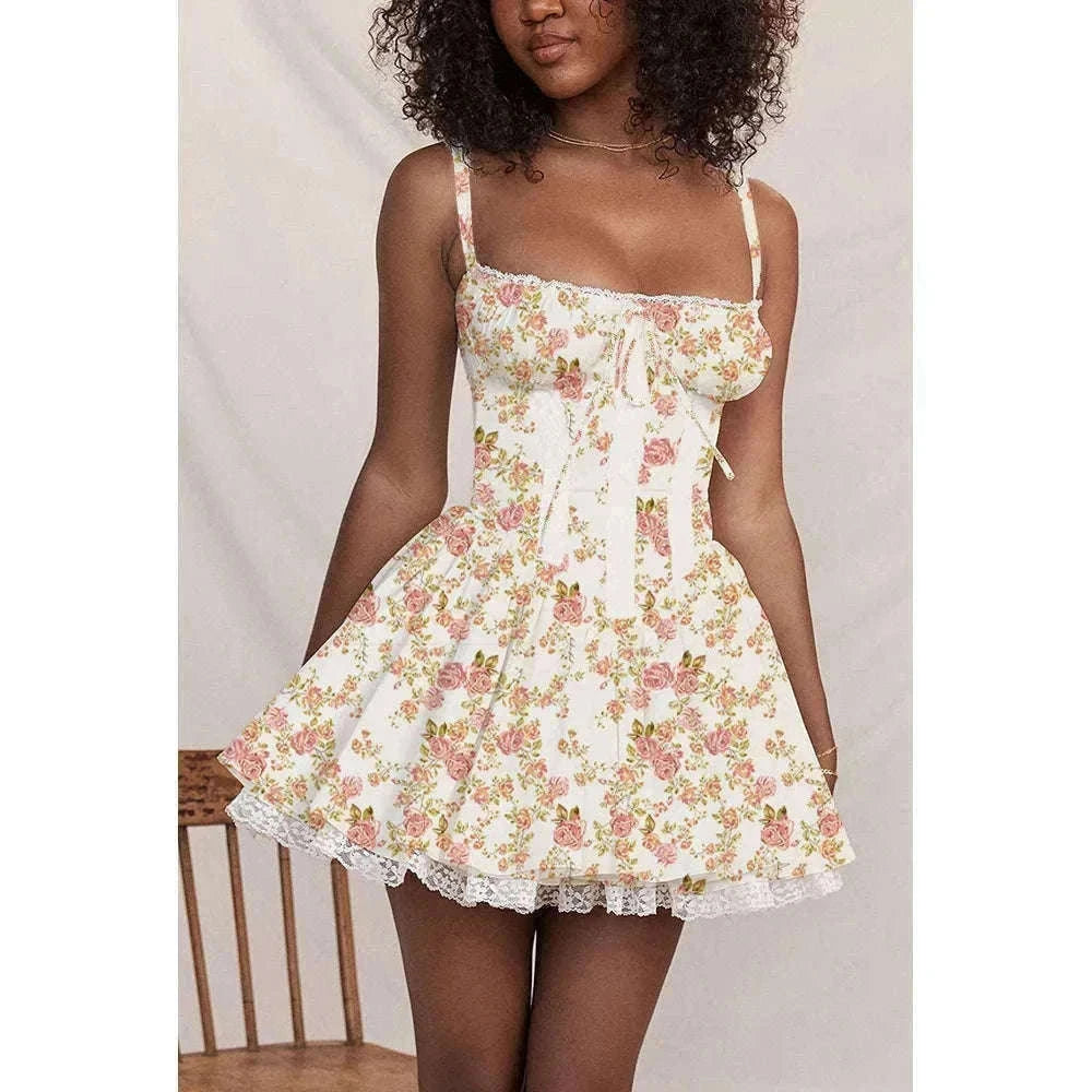 Sexy Lace Print Mini Dress with Square Neckline and Long Sleeves-Red / M