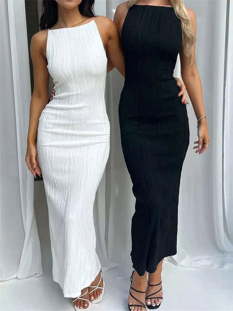 Sexy Ruched Sleeveless Slim Summer Party Dress with Back Split-black / M