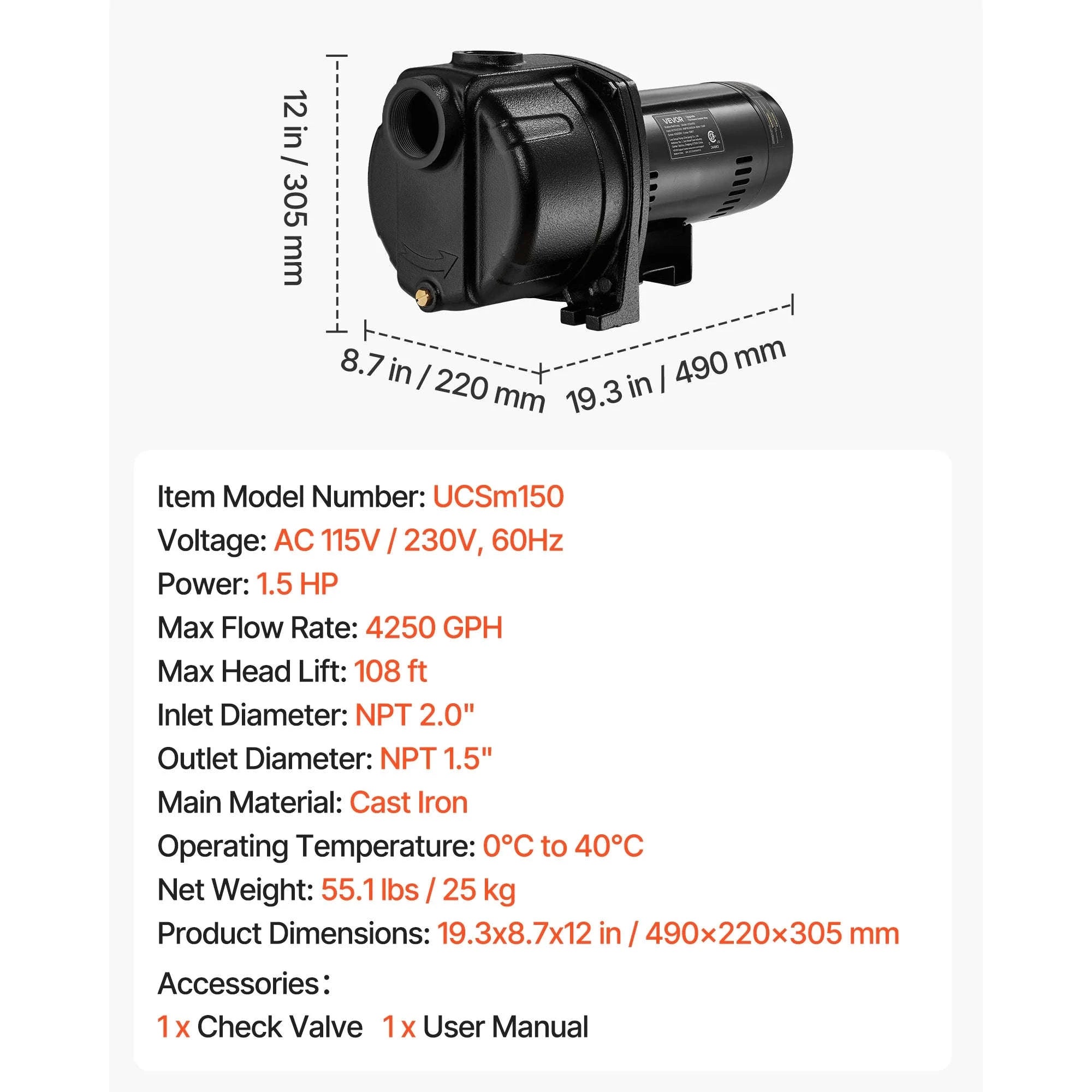 Shallow Well Jet Pump for Garden Irrigation-United States / 1.5HP
