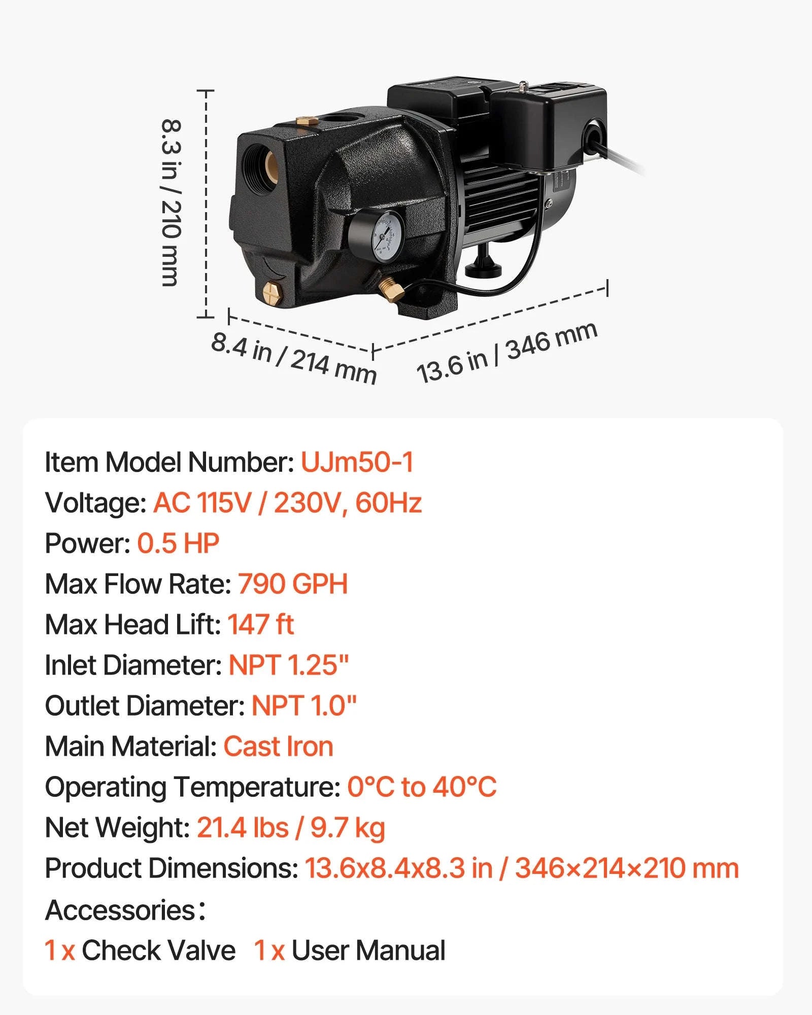 Shallow Well Jet Pump for Garden Irrigation-United States / 1.5HP