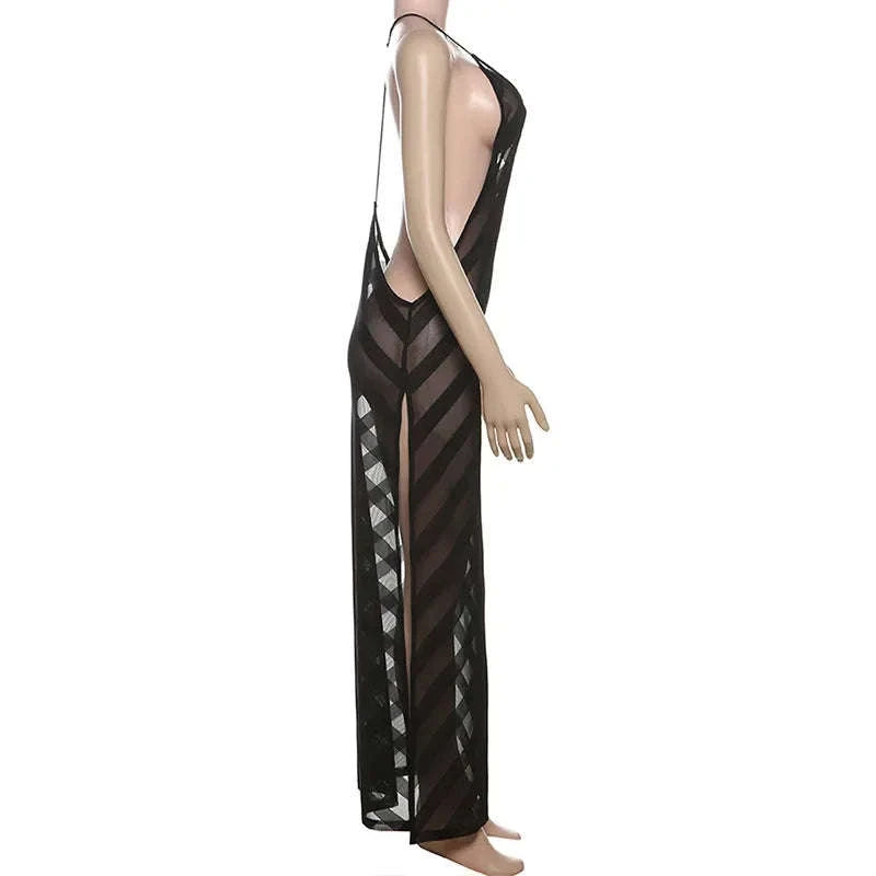 Sheer Mesh Halter Maxi Dress Backless Bodycon Split Summer Dress-WHITE / M