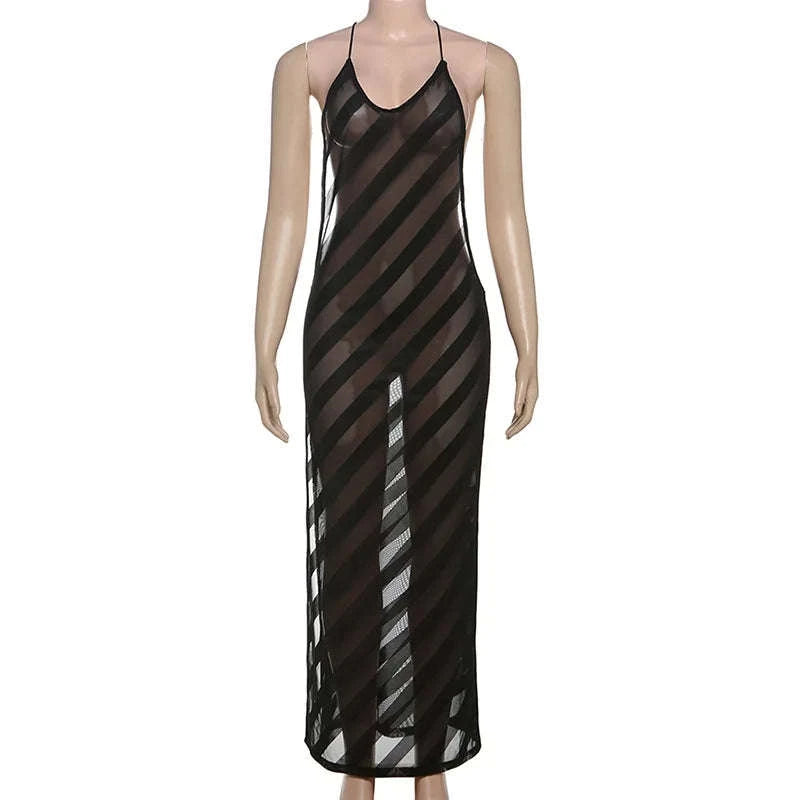Sheer Mesh Halter Maxi Dress Backless Bodycon Split Summer Dress-WHITE / M