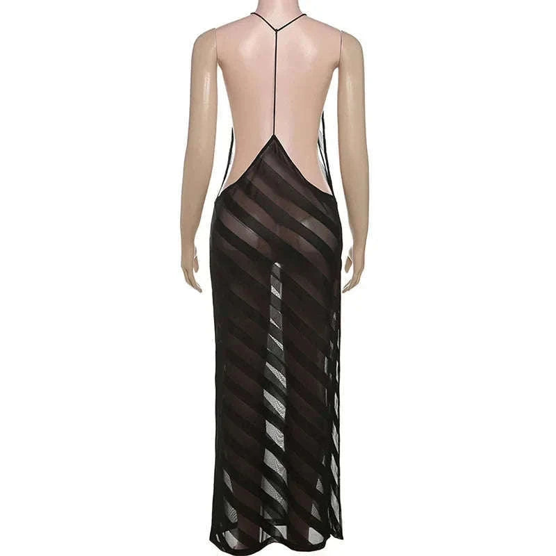 Sheer Mesh Halter Maxi Dress Backless Bodycon Split Summer Dress-WHITE / M