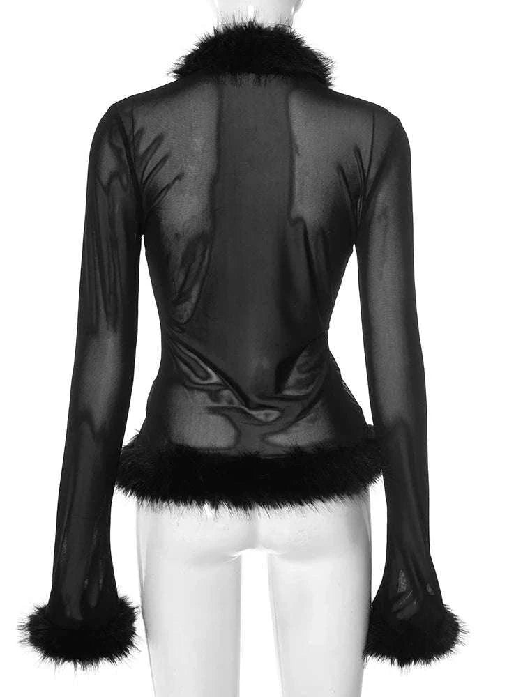 Sheer Patchwork Cardigan Top with Stretch Fit and V-Neck Style-black / L