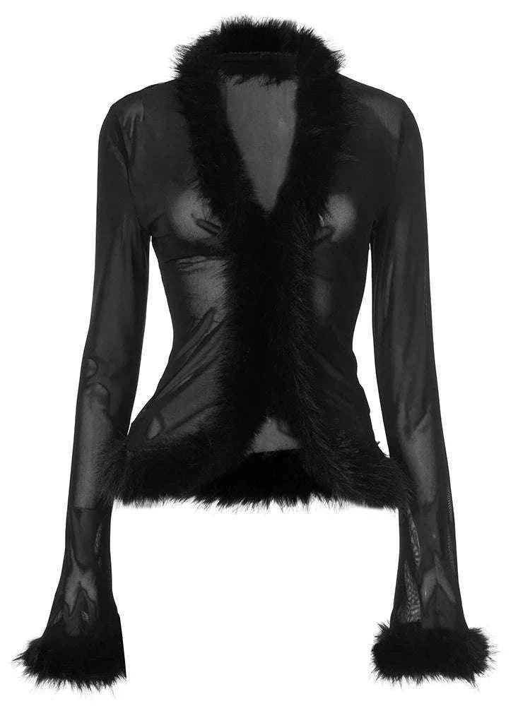 Sheer Patchwork Cardigan Top with Stretch Fit and V-Neck Style-black / L