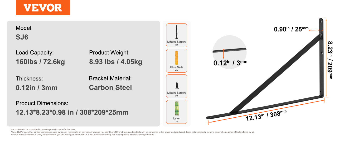 Heavy Duty Shelf Brackets Matte Black Steel
