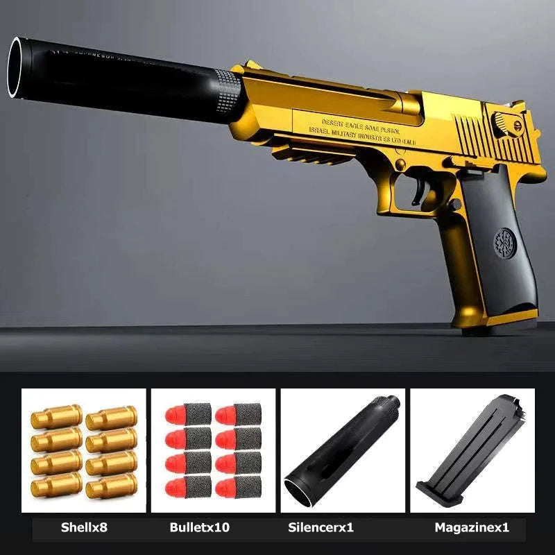Shell Ejection Toy Pistol with Soft Foam Bullets for Outdoor Play-Gold-A / China Mainland