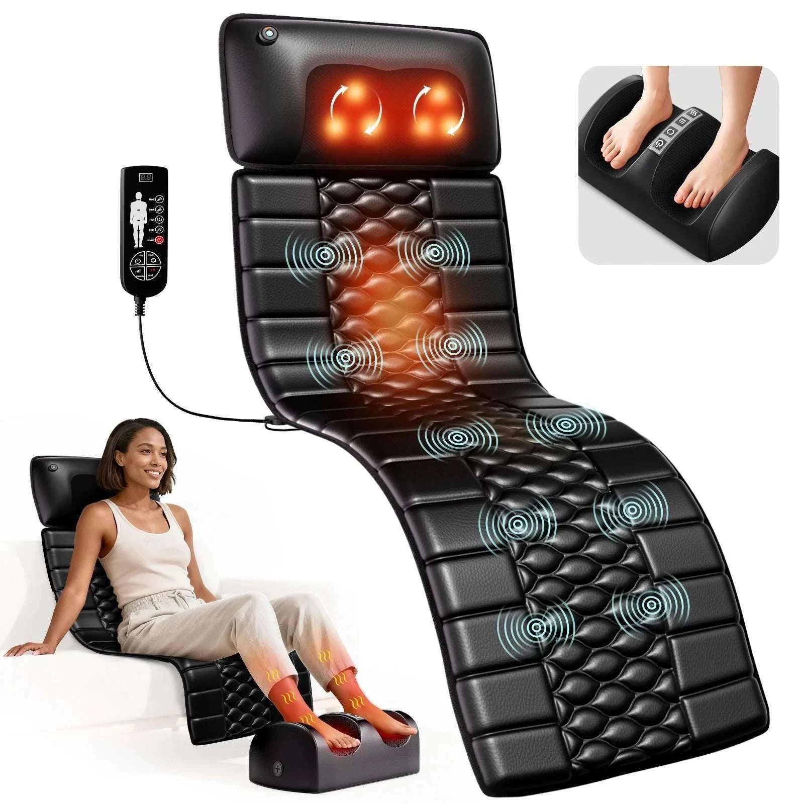 Shiatsu Full Body Massage Mat with Heat and 10 Vibration Motors-With Foot Massager / US Plug / United States