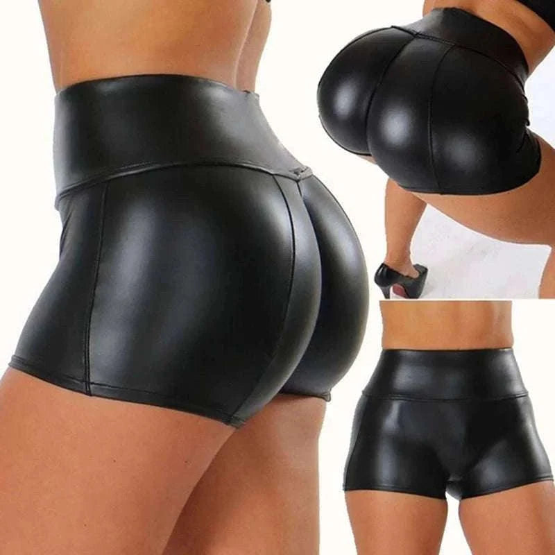 Shiny Faux PU Leather Shorts for Women-black / XL