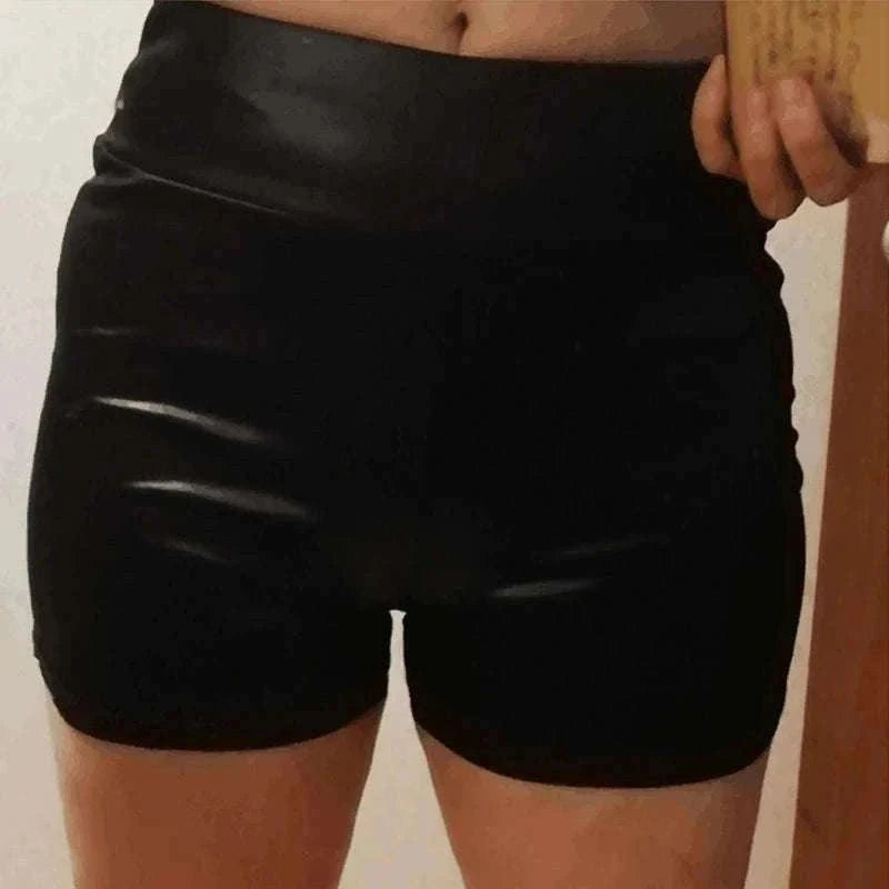 Shiny Faux PU Leather Shorts for Women-black / XL
