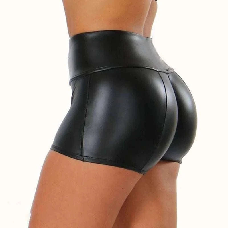 Shiny Faux PU Leather Shorts for Women-black / XL