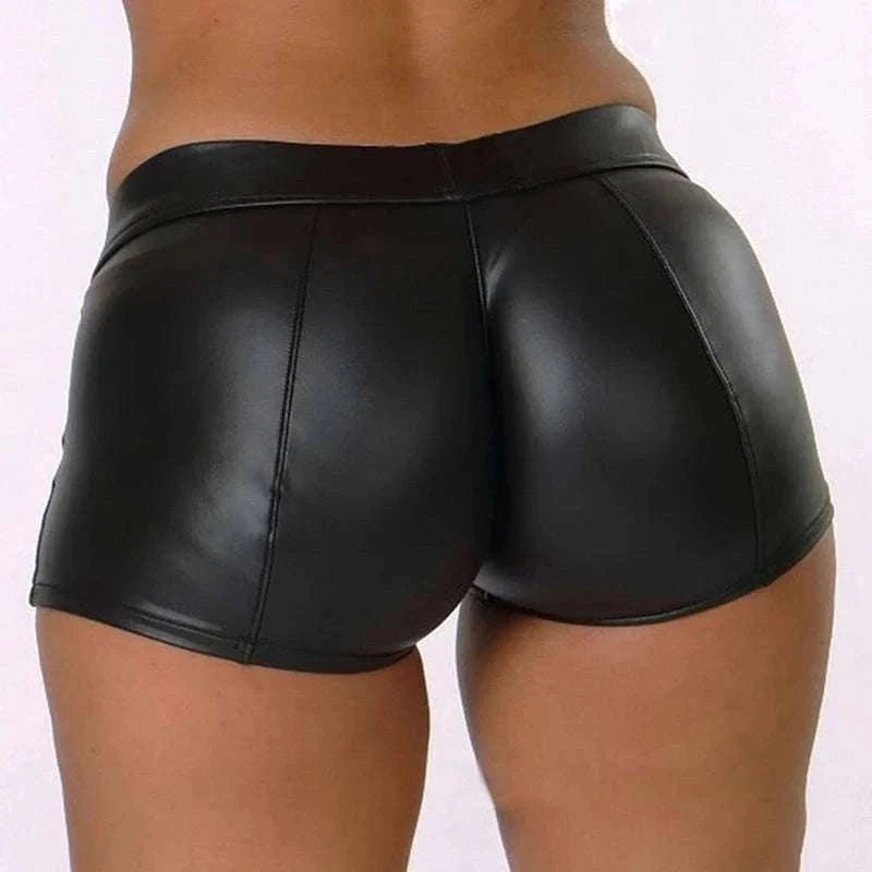 Shiny Faux PU Leather Shorts for Women-black / XL