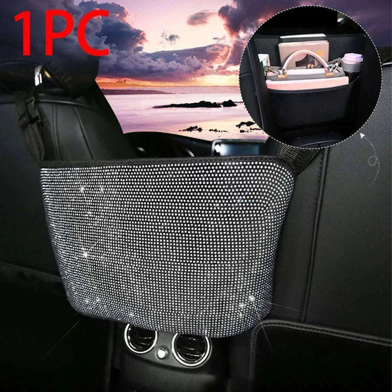 Shiny White Rhinestone Center Console Organizer Storage Bag-White rhinestone