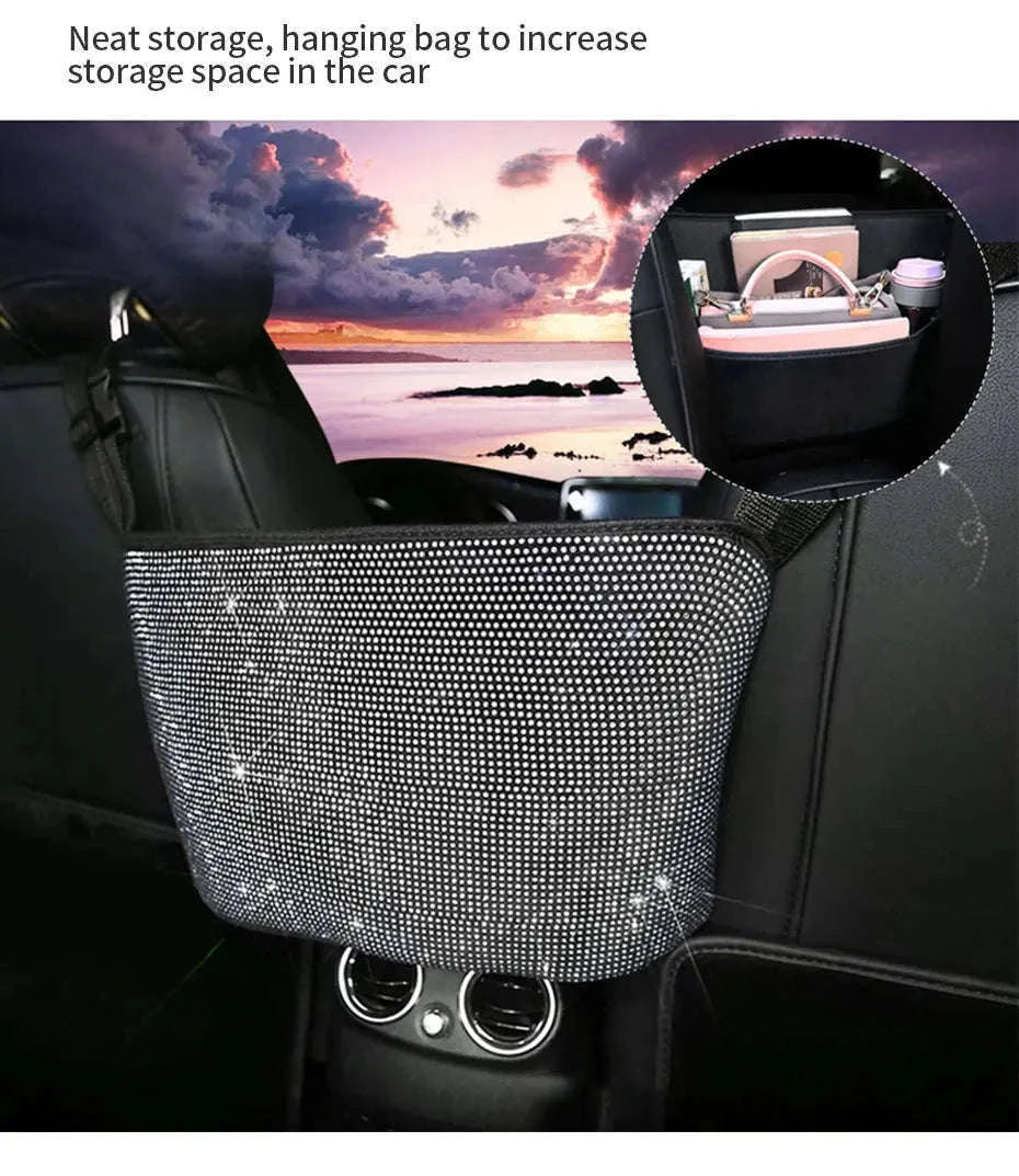 Shiny White Rhinestone Center Console Organizer Storage Bag-White rhinestone