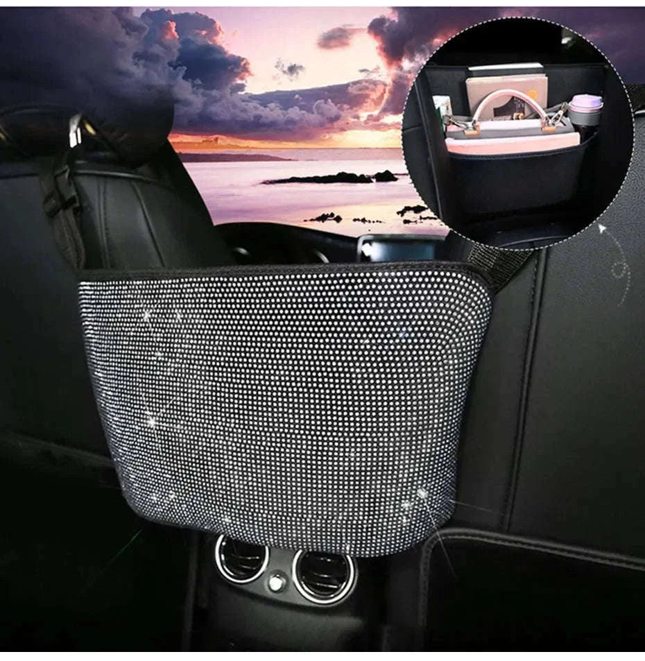 Shiny White Rhinestone Center Console Organizer Storage Bag-White rhinestone