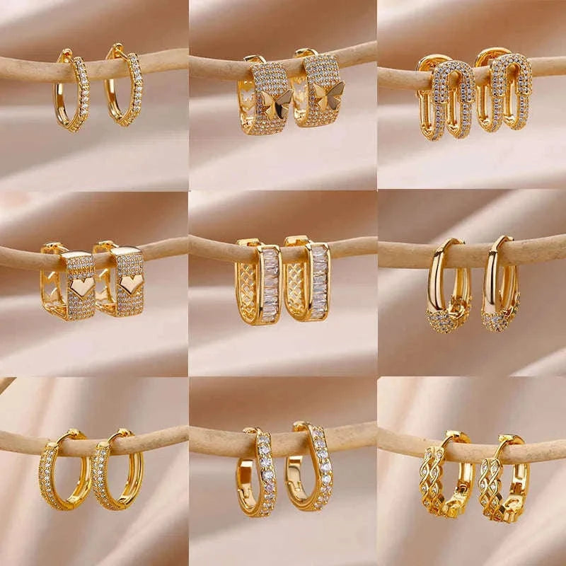 Shiny Zircon Circle Square Hoop Earrings for Women-E3128G-15