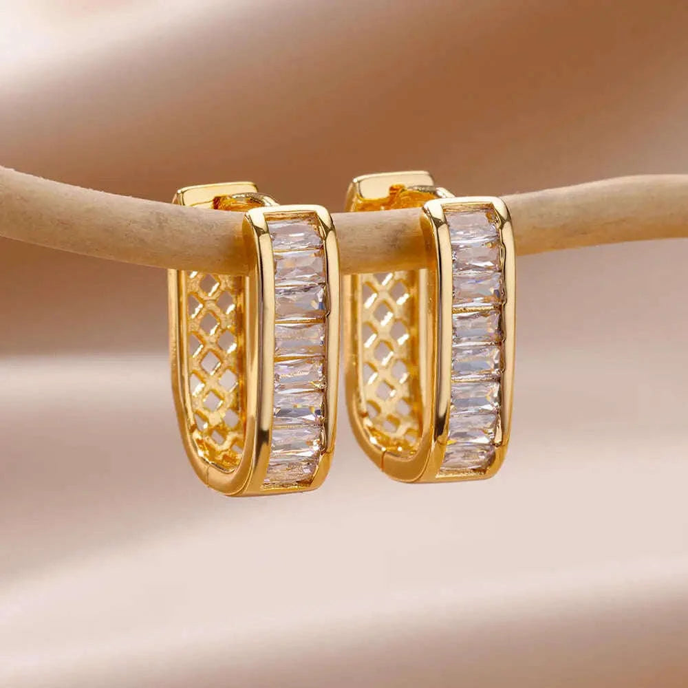 Shiny Zircon Circle Square Hoop Earrings for Women-E3434G