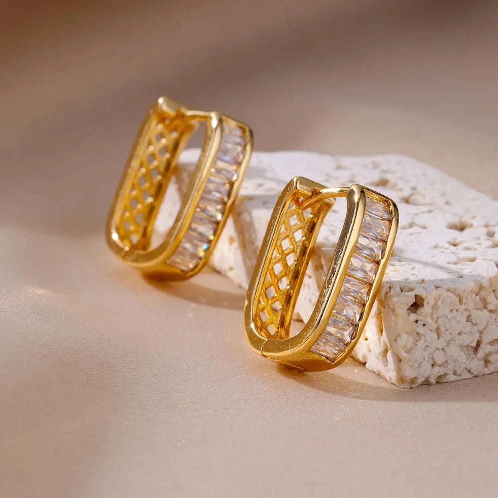 Shiny Zircon Circle Square Hoop Earrings for Women-E3434G