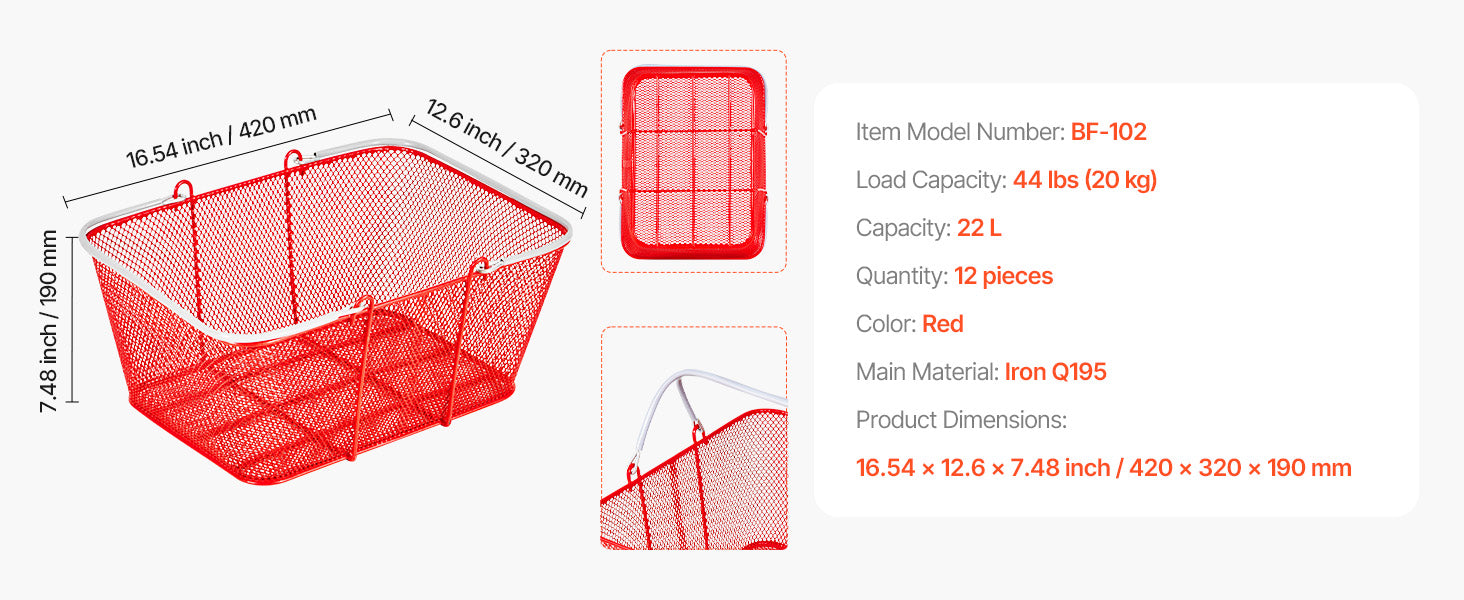 12 Pack 22L Stackable Metal Shopping Baskets with Handles