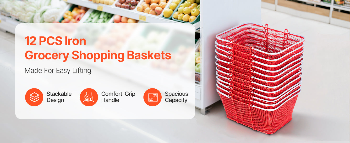 12 Pack 22L Stackable Metal Shopping Baskets with Handles