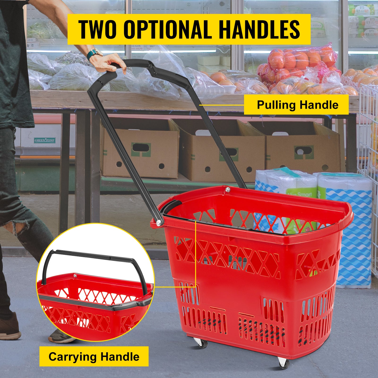 6-Pack Rolling Shopping Baskets with Wheels & Dual Handles