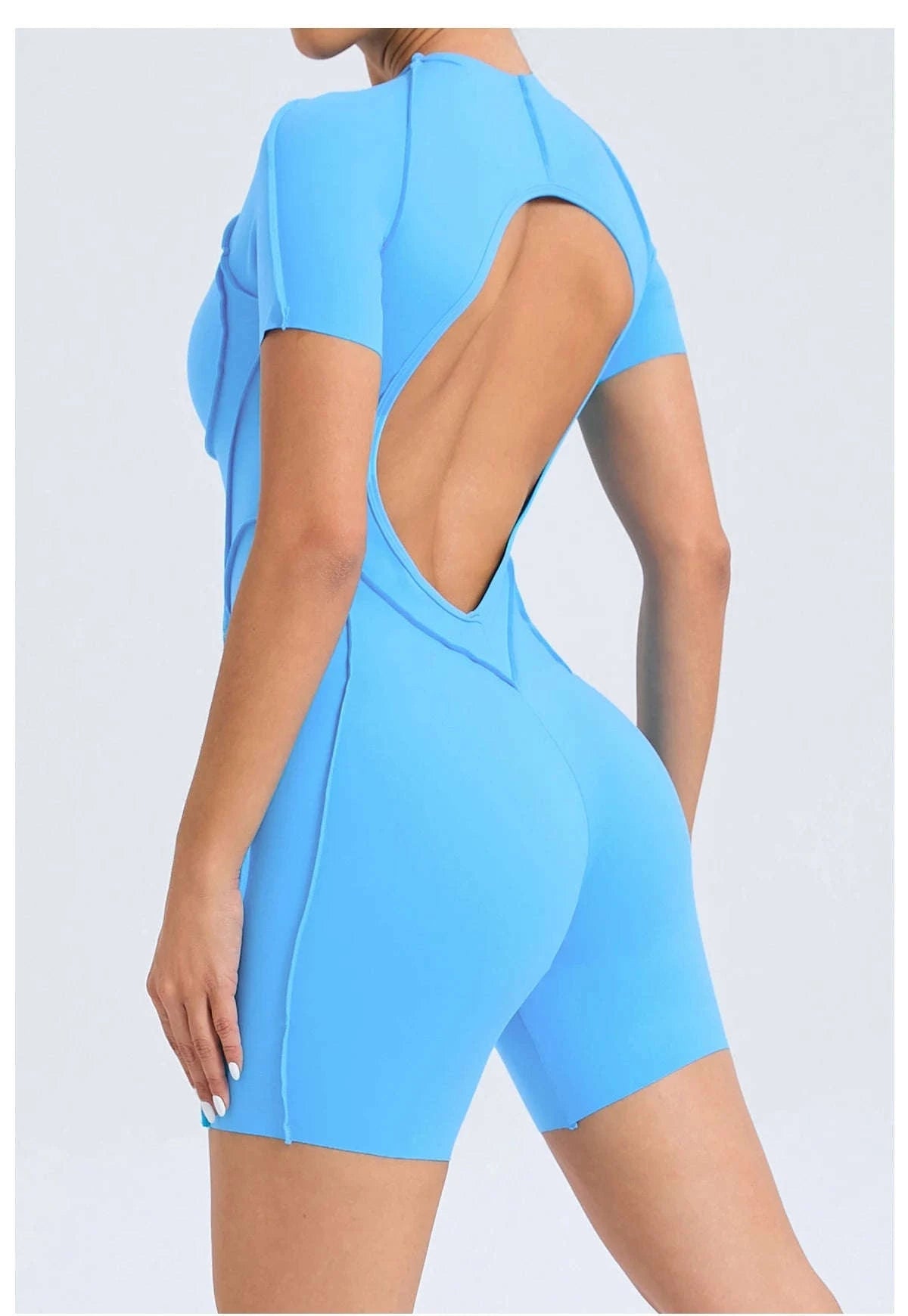 Short Jumpsuit Gym Clothes For Women – Backless Scrunch Fitness Suit-Blue / M