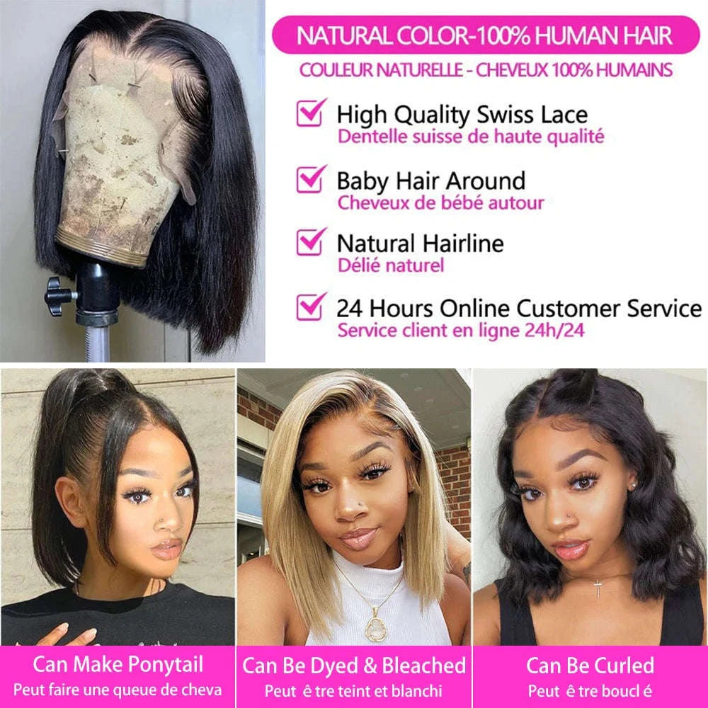 Short Straight Bob Wig Human Hair with Transparent Lace-13x4 Lace Wig / france / 8inches