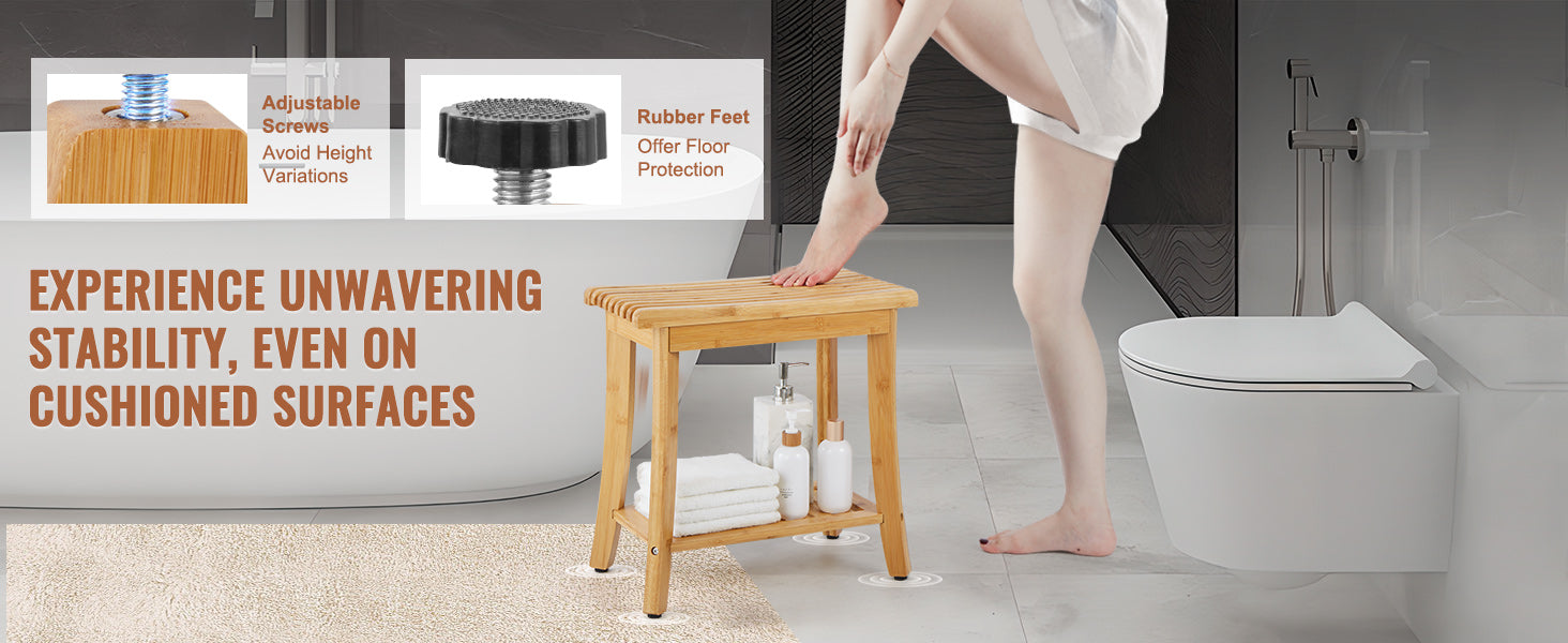 Bamboo Shower Bench with Storage Shelf 330lb Capacity Stool