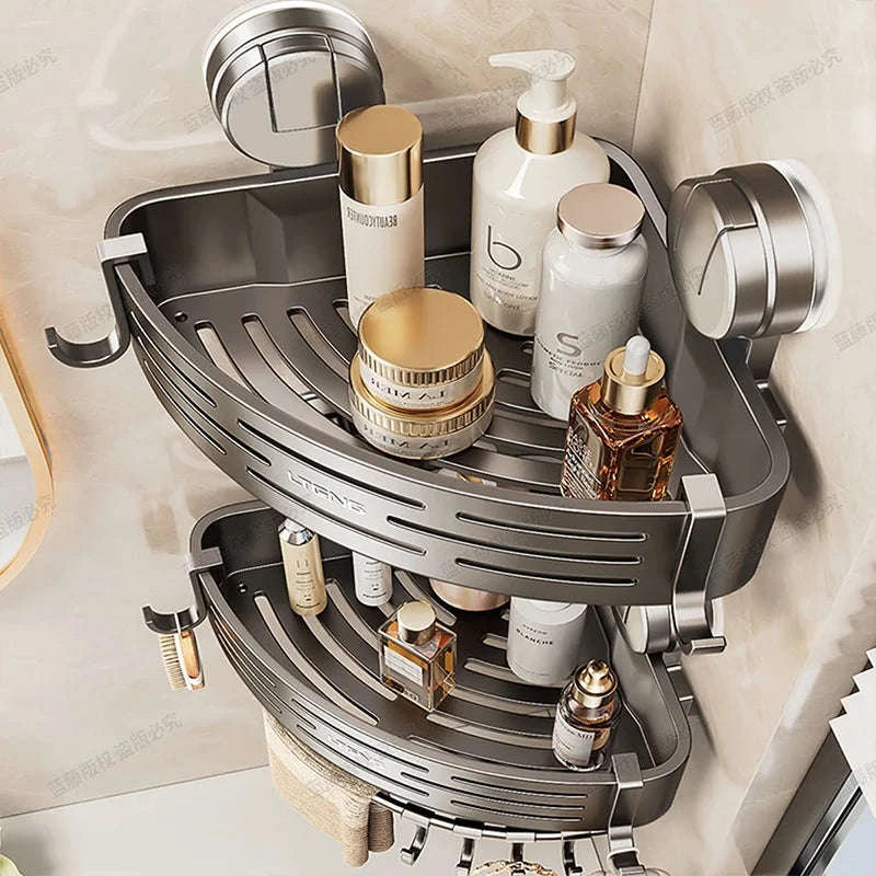 Shower Corner Storage Basket with Suction Mount & Towel Bar-United States / black / 2-tier