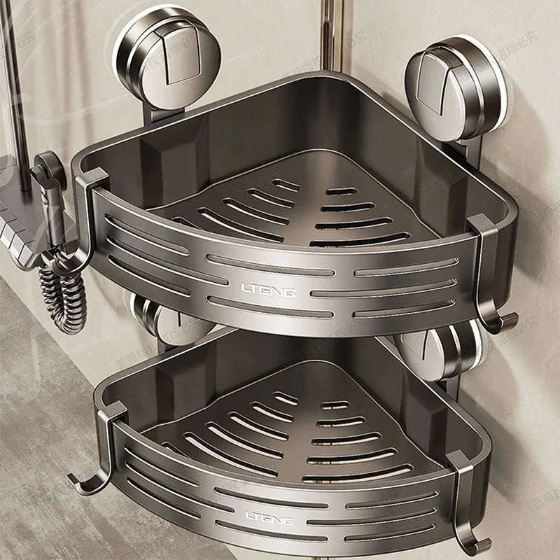 Shower Corner Storage Basket with Suction Mount & Towel Bar-United States / black / 2-tier