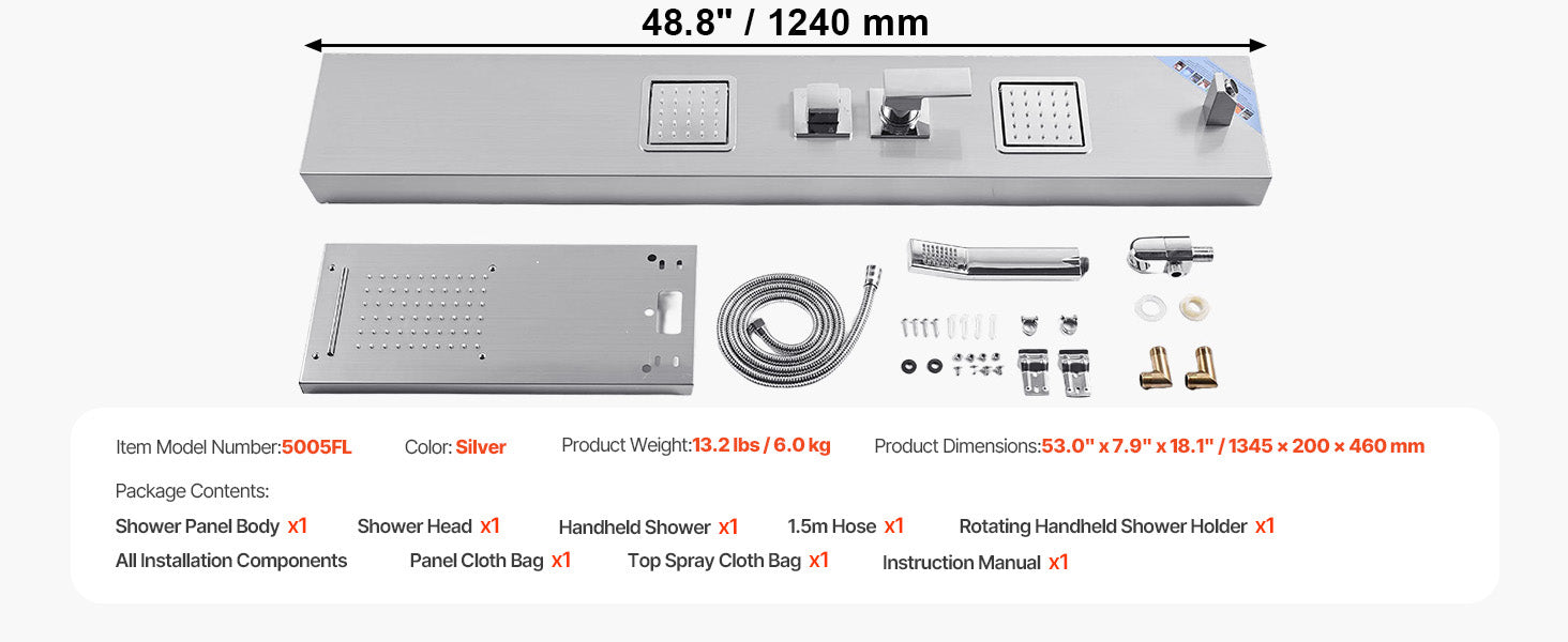 5 Function LED Shower Panel Tower with Waterfall Head Stainless Steel